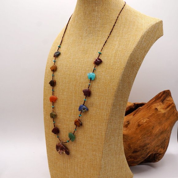 Vintage Southwest Native American Bear Fetish Multi Gemstone Necklace 30" - Picture 3 of 10
